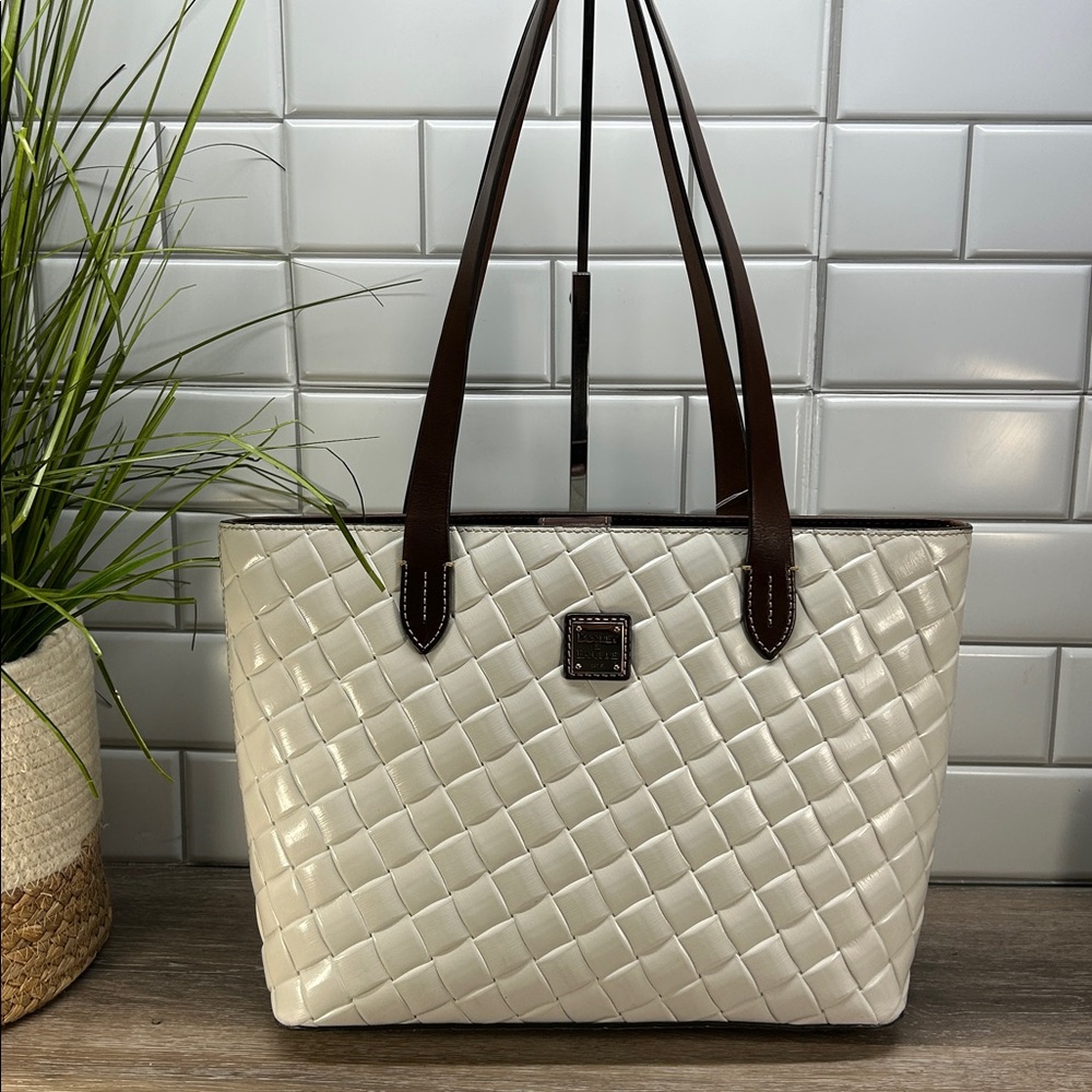 Dooney & Bourke Cream Woven Tote with Brown Straps